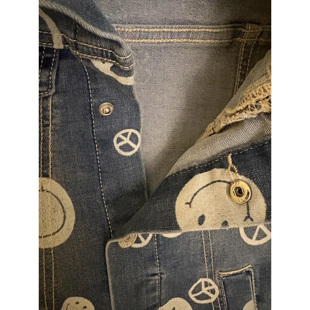 Justice Stranger Things girls' jean jacket, XS 5/6 smiles, peace signs, distress